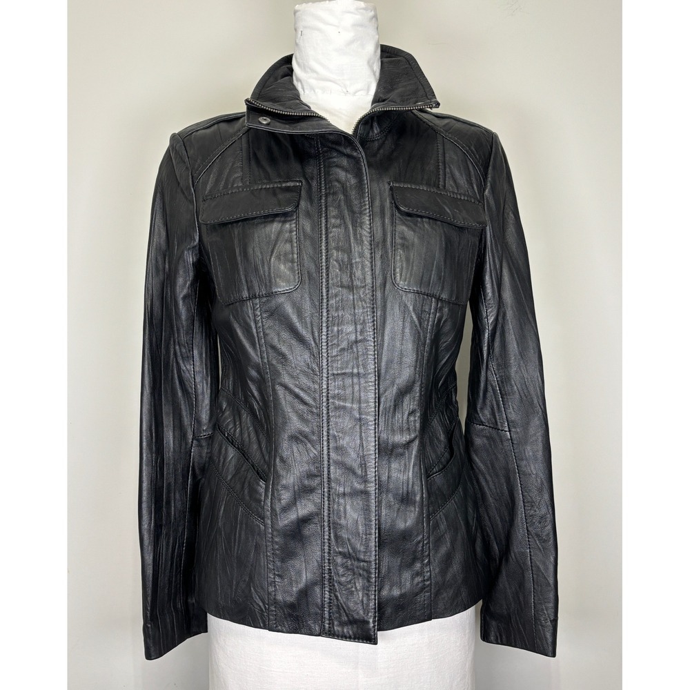 Danier Black Leather Utility Jacket Stand Collar XS Slim Fit Pockets